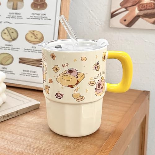 Gobelet Isotherme de 414 Ml avec Anse et Paille, Idéal pour les Voyages, Tasse a Café, Mug Original, Maintien de la Température Longue Durée. Pratique et Agréable au Quotidien(Yellow)