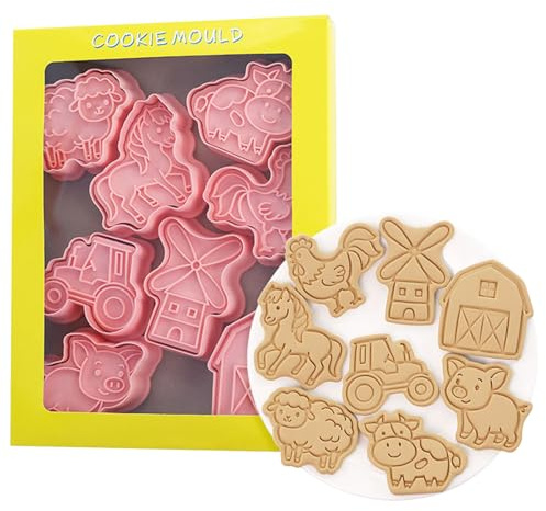 Set di formine per biscotti a forma di fattoria, 8 stampi per fondente a forma di animali, kit di timbri per pasticceria resistente, per pasticceria, vacanze, festival, dolcetti a tema, uso quotidiano
