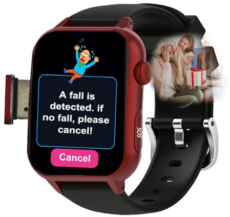 VCYEX Orologio Anziani Salvavita con Rilevamento delle Cadute per Anziani Orologio GPS con Pulsante SOS di Emergenza Videochiamata HD Orologio Salvavita per AnzianiRed,1.96 * 1.57 * 0.47inch