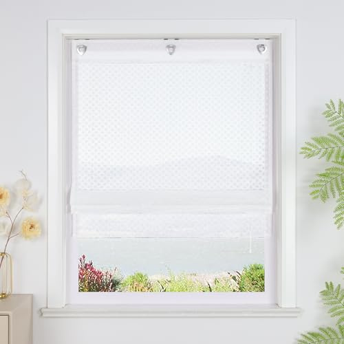 SCHOAL Raffrollo ohne Bohren Transparente Raffgardine mit Ösen Landhaus Rollo mit Blumen 1 Stück BxH 140x140 cm Weiß