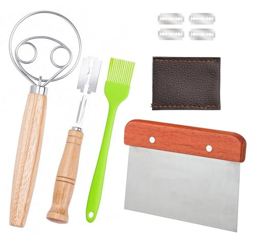 Hontaog 4-teiliges Brotback-Set, Edelstahl Teigmesser mit 4 Ersatzklingen, Brot-Schnitzmesser, Doppelring-Mehlrührer und Backpinsel, Backwerkzeug für Brot, Baguette, Brötchen, Hefeteig