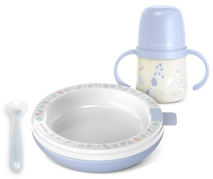 Suavinex, Vajilla Bebés con Plato Térmico, Mantiene la Comida Caliente. Incluye: Cuchara de Silicona + Vaso de Aprendizaje con Asas y Boquilla de Silicona + Plato Térmico, +6 Meses, Wild&Free, Azul