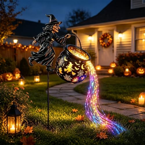 TETGSET 2027 NEU Leuchtender Halloween-Hexenkessel mit Hexe, Solar-GießKanne für Halloween mit Wasserfall-Lichterkette, wasserdichte HäNgelaterne für Garten, Rasen und Wege (1)