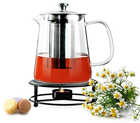 Sendez Teekannen Set 1,2L aus Borosilikatglas mit Edelstahlfilter und Metall Stövchen mit Schieferplatte elegantes Design für heißen Tee und Getränke spülmaschinengeeignet