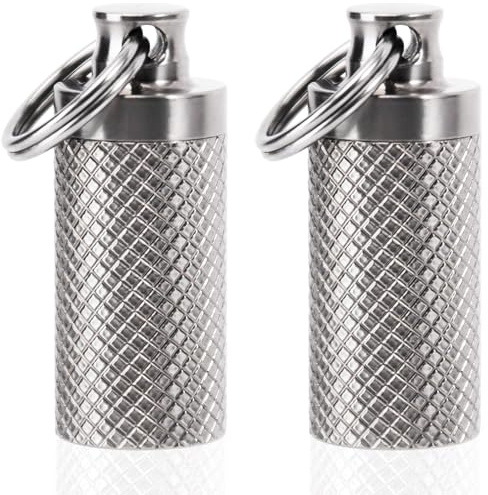 TISKY 2Pack Titanium Keychain Pill Holder Container,Waterproof Portable Pill Box Case for Purse or Pocket, Pill Fob Medicine Organizer for Outdoor Travel