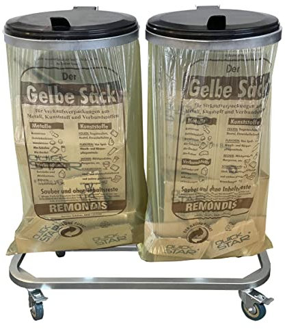 QUICK STAR Doppel Müllsackständer mit Deckel und 4 Rollen | Metall Müllsackhalter 120 Liter | Stabiler Müllsack Ständer - Verzinkter Stahl | Müllbeutelhalter Gelber Sack 120L | Mobiler Abfallbehälter