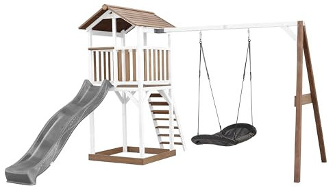 AXI Beach Tower Aire de Jeux avec Toboggan en Gris, Balançoire Nid d'oiseau Noir & Bac à Sable | Grande Maison Enfant extérieur en Marron & Blanc | Cabane de Jeu en Bois FSC