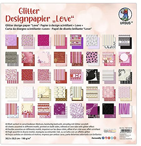 Ursus 71870099 - Glitter Design-Papier Love, Mix mit 40 Blatt beidseitig bedrucktem Motiv-Papier, 190 g/m², 30,5 x 30,5 cm, Vorder- und Rückseite jeweils unterschiedlich bedruckt