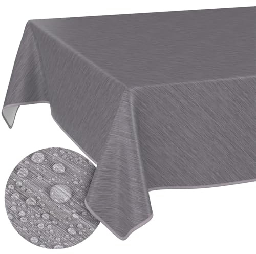 Tischdecke abwaschbar Wachstuch Wachstuchtischdecke Gartentischdecke Leinen-Optik Pflegeleicht Wasserabweisend 140 x 100cm (Rechteckig) Grau mit Saum