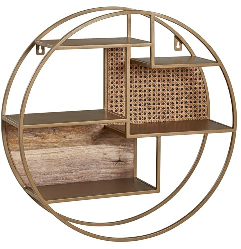 FineBuy Wandregal Rund 62x62x17 cm Massivholz Rattan, Hängeregal | Schweberegal mit Wiener Geflecht und Metall, Wandboard Industrial, handgefertigtes Unikat, Deko Regal