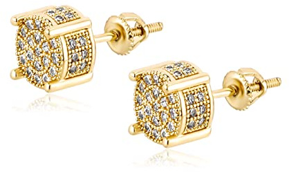 TOPGRILLZ Screw Back Earrings 14K Gold Plated 5A+ Cubic Zirconia Cluster Round Screw On Stud Earrings For Men Women Aretes De Hombre-Thick Gold Plated
