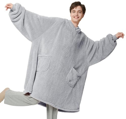 BEDSURE Hoodie Decke mit Ärmeln - Kuschelpullover als Geschenke für Frauen - Übergroßer Tragbare Decke Kuscheldecke mit Ärmeln Weihnachtsgeschenke für Männer Frauen Herren Damen, Grau 107x90 cm