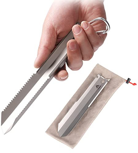 LANRU Titanium Garden Hand Serrated Shovel Outdoor Camping Hiking Backpacking Trowel with Clip, Silver
