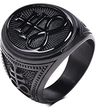 FLHEART Satanischer Siegelring Herren, Geschenke Schwarzer Edelstahl Siegel des Leviathan Kreuz Symbol Punk Biker Ring für Mann Männer Kirche des Dämons Teufel Satan Ringe, Größe 59 (18.8)