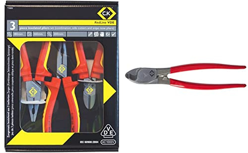 C.K T3805 VDE Pliers and Cutter, Red/Yellow, Set of 3 Pieces & 3963 Cable Cutter 210mm