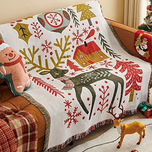 LumiSyne Coperte Decorative Di Natale Plaid In Cotone Intrecciato Con Nappina Jacquard a Tema Natalizio Arazzo Scialle Coperta Da Tiro Per Letto o Divano Coperta Campeggio Tovaglia Tappeto 180x130cm
