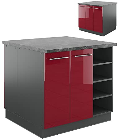 Vicco Kücheninsel Fame-Line, Bordeaux Hochglanz/Anthrazit, 90 cm | MDF-Front · 6 Einlegeböden · Höhenverstellbare Füße · Metallgriffe · Soft-Close