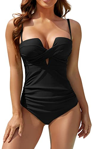 Eomenie Women's Push Up Wrap Front Swimsuit One Piece Tummy Control Bathing Suits Bandeau Support Slimming Swimwear Black