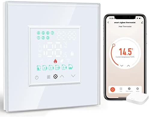 BSEED Smart Zigbee Thermostat Blanc pour le Chauffage des Chaudières à Gaz/Eau,compatible avec Alexa et Google Home,Régulateur de Température 5A-Fil Neutre Nécessaire