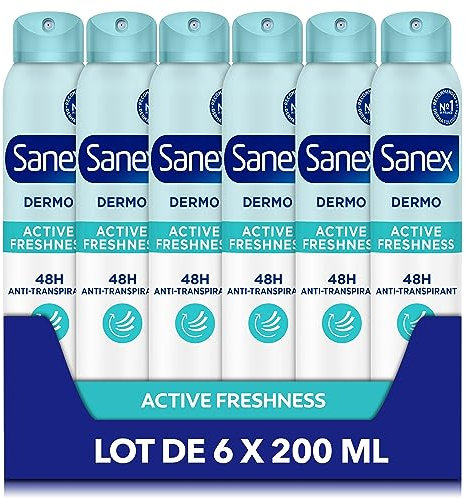 SANEX - Déodorant Anti-Transpirant Spray Dermo Active Freshness - Protection Anti-Traces & Odeurs 48h - Restaure le pH De La Peau - Pour une Peau Saine - Testé Dermatologiquement - Lot De 6 x 200 ml