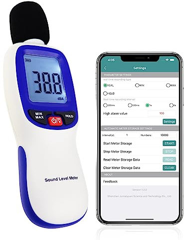 Digital Schallpegelmesser, Schallpegelmessgerät mit Bluetooth-fähiges, Dezibel Messgerät 30~130dBA Bereich MAX/MIN Datenhold mit LCD-Display und Hintergrundbeleuchtung für Zuhause, Schule