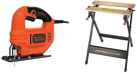 BLACK+DECKER 400 W Compact Jigsaw Power Tool with Blade and Kitbox, KS501-GB & BLACK+DECKER Workmate, Work Bench Tool Stand Saw Horse Dual Clamping Crank, Heavy Duty Steel Frame, WM301