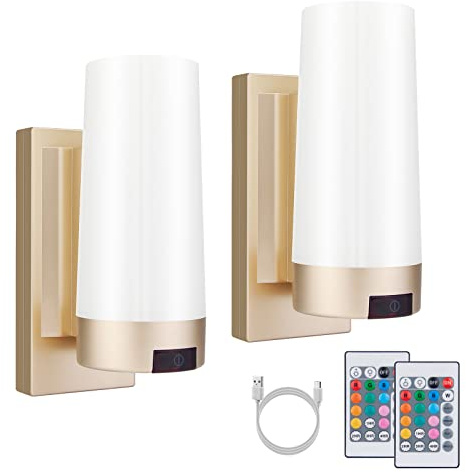 BIGMONAT Drahtlose Wandleuchte, Wohnzimmer Hintergrund Wandleuchte, Schlafzimmer Nachttisch Atmosphärenlicht, USB-Aufladung, Fernbedienung Mehrfarbig Einstellbares Nachtlicht, 2-Satz Gold