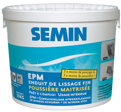 SEMIN Enduit de Lissage 25 kg Prêt à l'Emploi – Finition Murs et Plafonds Intérieurs – Poussière Maîtrisée – Ponçage Réduit – Excellente Qualité de Finition – Fabrication Française