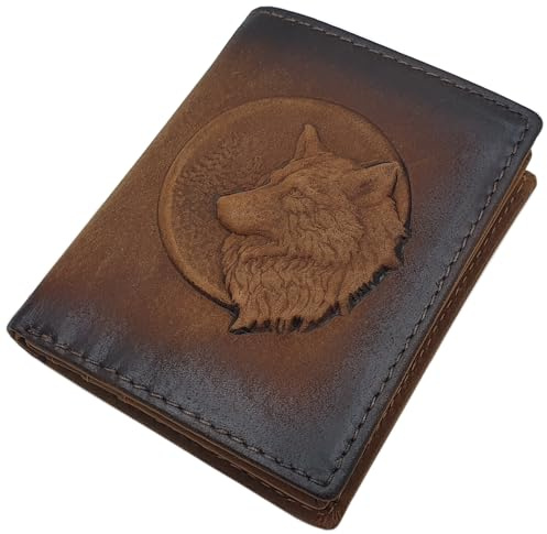 myledershop Kleine Büffel-Vollleder Geldbörse in Cognac (3D Wolf Prägung) | RFID & NFC Schutz, Geldbeutel, Portemonnaie, Geldtasche