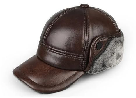 EODUDOS Herren-Bombermütze aus echtem Leder, Dickes Leder, Rindsleder, Baseballkappen mit warmen Papa-Hüten, Gehörschutz im Freien (Color : Brown 1, Size : XXL 59 60cm)