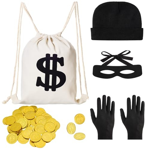 Panzerknacker Bankräuber Kostüm Damen Herren Und Kinder Set, Dieb Verbrecher Kostüm Con Goldmünzprägung, Augenmaske, Dollar Geldsack, Kappe, Handschuhe Für Karneval, Einbruch Mottoparty (5 Stück)