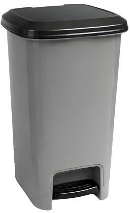 Optimal Products Plastic Square10,25 & 40L White & Grey Pedal Lid Bin Waste Garbage Indoor Outdoor Garden Kitchen Recycling DustBin (Light Grey, 40L)