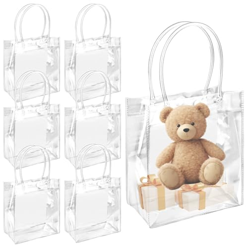 6 Transparente PVC Geschenktüten mit Griffen, Wiederverwendbar | 18,8 X 13,5 X 20,3 Cm, Klein und Stabil für Partygeschenke, Hochzeiten, Mitgebsel und Kleine Aufmerksamkeiten