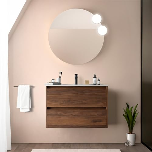Mobile bagno sospeso 80 cm noce maya con lavabo in ceramica ad incasso, 2 cassetti con chiusura soft-close, GAYA