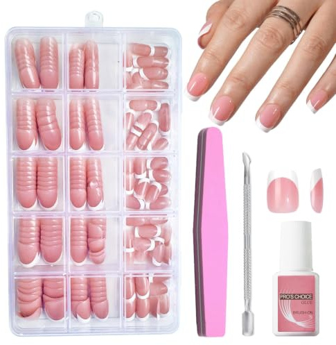 Short French Press On Nails - 240Pcs Pink Square False Nails - Fake Nail White Tip False Nail Kit - Full Cover Stick on Nail French Nail Art Manicure Decorations