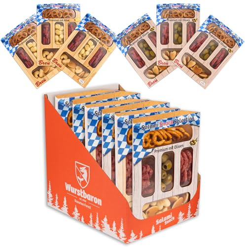 Snack Selection Premium 6er-Set Olive und Käse, Snackbox mit Salami, Salzgebäck, Gebäckherzen und Oliven und Käse, 6 x 80g Snacks