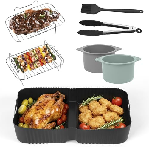 Pietuley Silicone Air Fryer Liners for Ninja Flex Drawer Air Fryer Accessories AF500UK/ Ninja Foodi Flexdrawer Dual Air Fryer 10.4L, Including Air Fryer Racks Large Poached Egg Moulds (Set of 7)