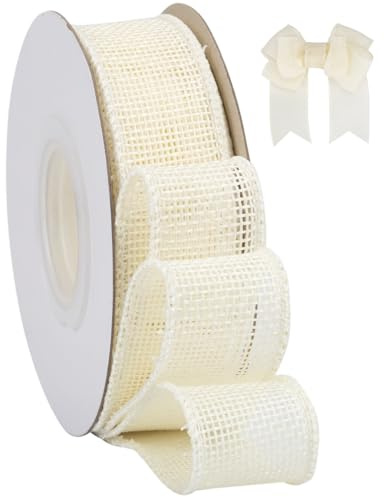 Tekdeere säckvävsband 25 mm x 9 meter, krämfärgat band för hantverk, presentförpackning, kransar, bågar, träddekoration och utomhusdekoration