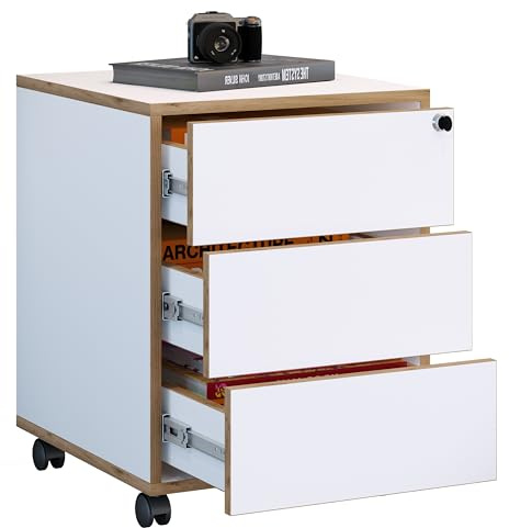 VCM Rollcontainer 42x45x50 cm 3 Schubladen Serie Salia mit Rollen | Stauraum für Büromaterial - Arbeitszimmer - Für Ordnungsliebende - Holzwerkstoff mit stabilen Griffen