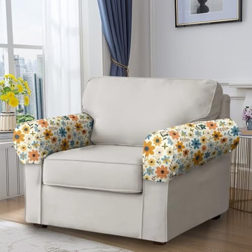 GOSTONG Flowers Print Fall Decoration Sofa Armrest Covers for Couch Set of 2 Couch Cushion Covers with Twist Pins Stretch Sofa Slipcovers