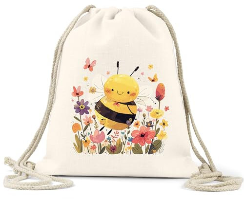 kleinebuchstaben 100% Baumwolle Turnbeutel Personalisiert mit Name - Wunschname - Sportbeutel Rucksack mit Kordelzug - für Sport Kindergarten Schule - 38 x 45 cm - 13 Liter (Biene mit Blumen)
