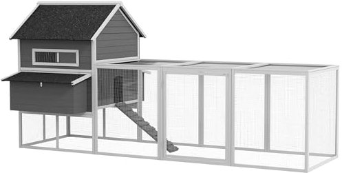 PawHut Hühnerstall 2 Ebenen Hühnerhaus mit Nistkasten, Freilaufgehege Geflügelstall Gehege für 8-10 Hühner Winterfest Laufstall mit Tablett, Hühnergehege, Tannenholz 347 x 160 x 150 cm Grau