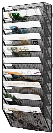 JEBELE 10 Fächer zusammensetzbarer Zeitschriftenhalter Zeitungshalter für Wand Büro Mesh Design A4 Dokumentenablage Büro Organisationsregal mit Etiketten Metall,Schwarz