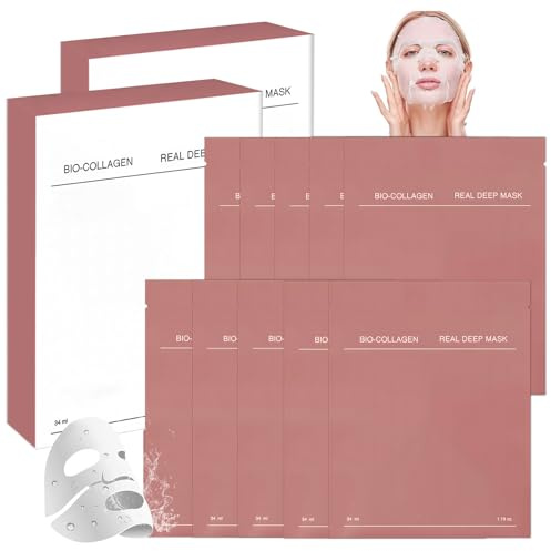 10 Piezas Bio Collagen Real Deep Mask, Mascarilla Facial Bio-Collagen, Mascarilla Coreana de Colágeno, Mascarilla Facial Colágeno Noche, Cuidado Hidratante y Nutritivo Profundo