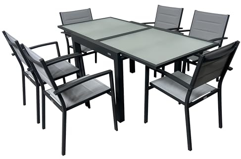 Mommahome® Set mit ausziehbarem Tisch und 6 Stühlen, Gartenmöbel-Set für den Außenbereich, 7-teilig, Aluminiumgestell, Tisch und Stühle für Terrasse, wasserdicht, wetterfest (Anthrazitgrau)