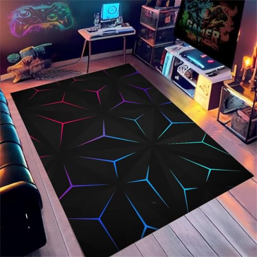 PEIHUODAN Tapis Ado Adulte Enfant Chambre Tapis Gamer Motif Néon Géométrique Coloré Sol Deco Flanelle Doux (Noir,160x230cm)