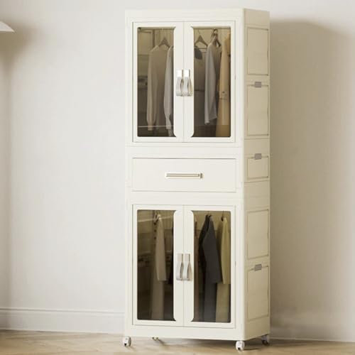 DXDRT Großer tragbarer Kinderkleiderschrank mit Kleiderstange und Türen, zusammenklappbarer Kinderschrank mit Schublade und Rollen, Babyschrank-Organizer für Garderobe, Schlafzimmer,64cm/25.2in,A