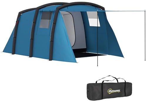Outsunny Tienda de Campaña Inflable Familiar Tipo Túnel para 3–6 Personas Tienda de Campaña Glamping con Vestíbulo Ventanas de Malla y Bolsa de Transporte Protección UV 50+ Impermeable Azul