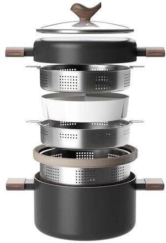 RIOVARM Inducción Juego de ollas y sartenes con tapa Antiadherente Baterías de cocina con revestimiento cerámico Sartén con vaporera de acero inoxidable Cacerola con colador para pasta incorporado
