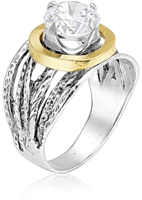 JEAN RACHEL JEWELRY Zweifarbiger Ring aus gemischtem Metall für Frauen – CZ Wire Wrap – 925er Sterlingsilber & 14 Karat Gold über Silber – skulpturelles Drahtband mit rundem CZ – hypoallergenes Design